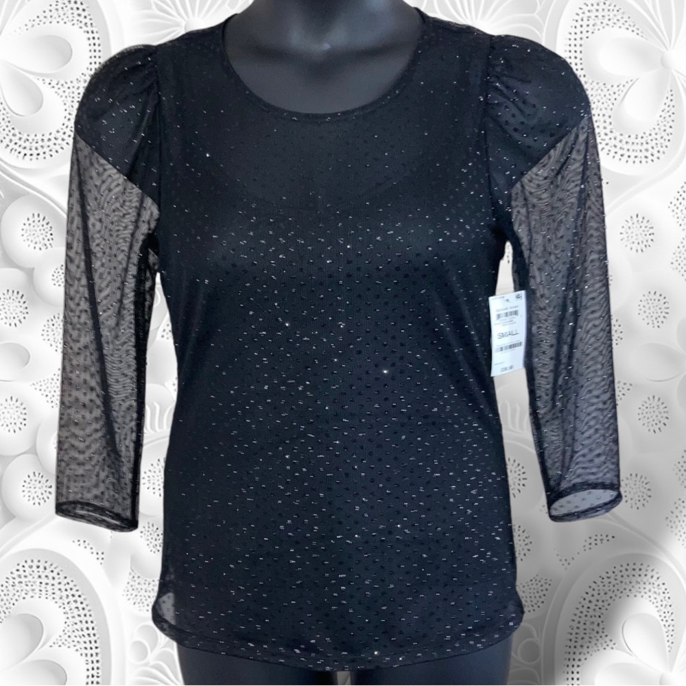 I.N.C NWT Black Glitter ¾ Sleeve Blouse w. Blk Camisole Under w. Adj Straps